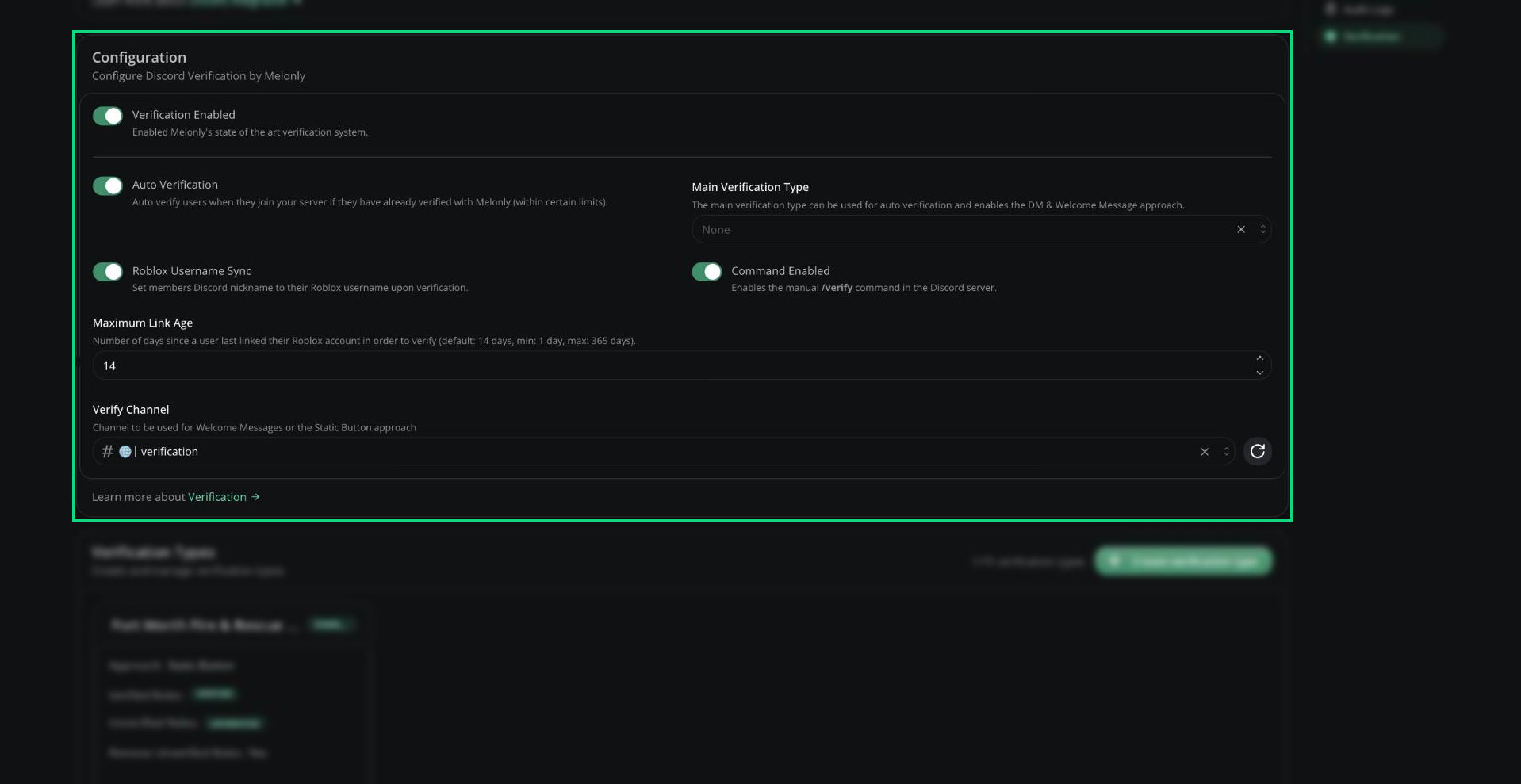 The Configuration card on the Verification page