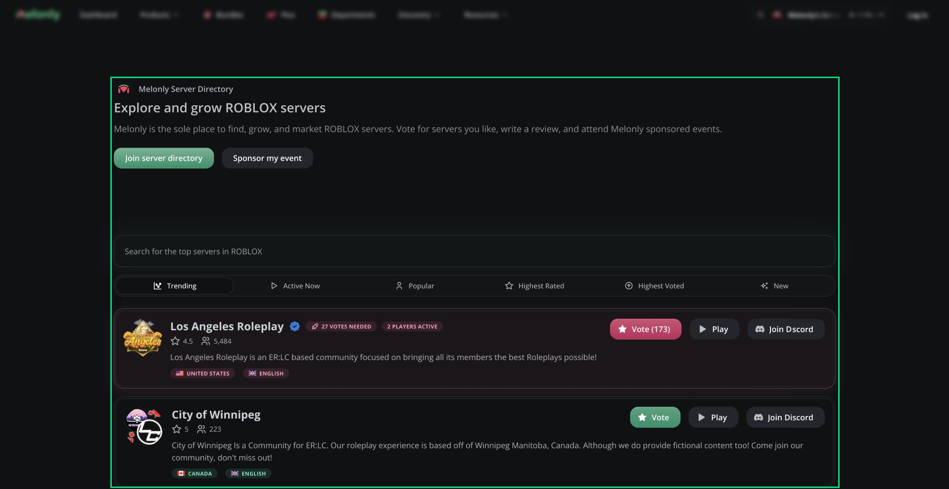 The Server Directory home page with the search bar, the Trending/Active Now/Popular tabs and a few server cards