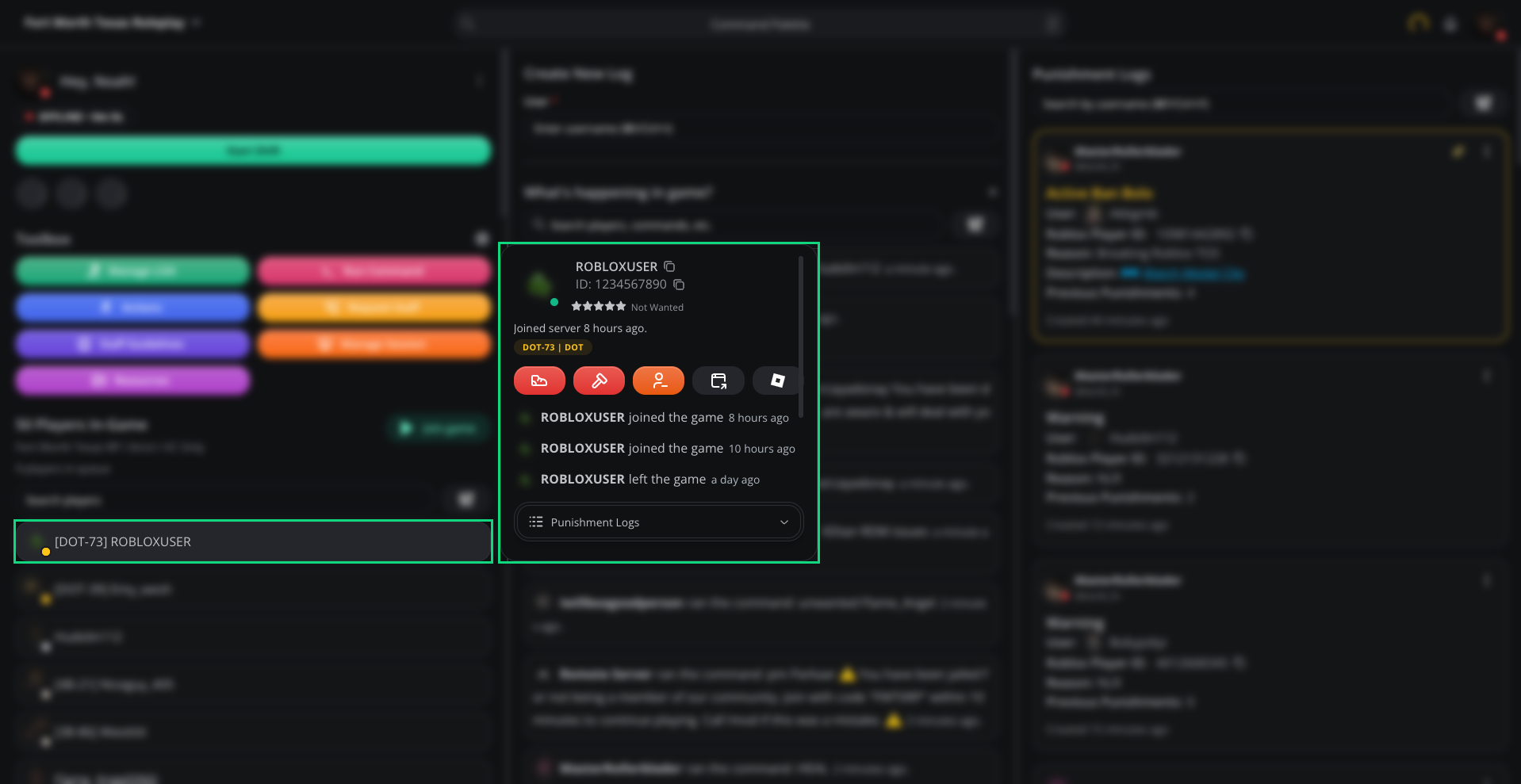 A DOT player's info card with the orange Team kick button next to Kick and Ban