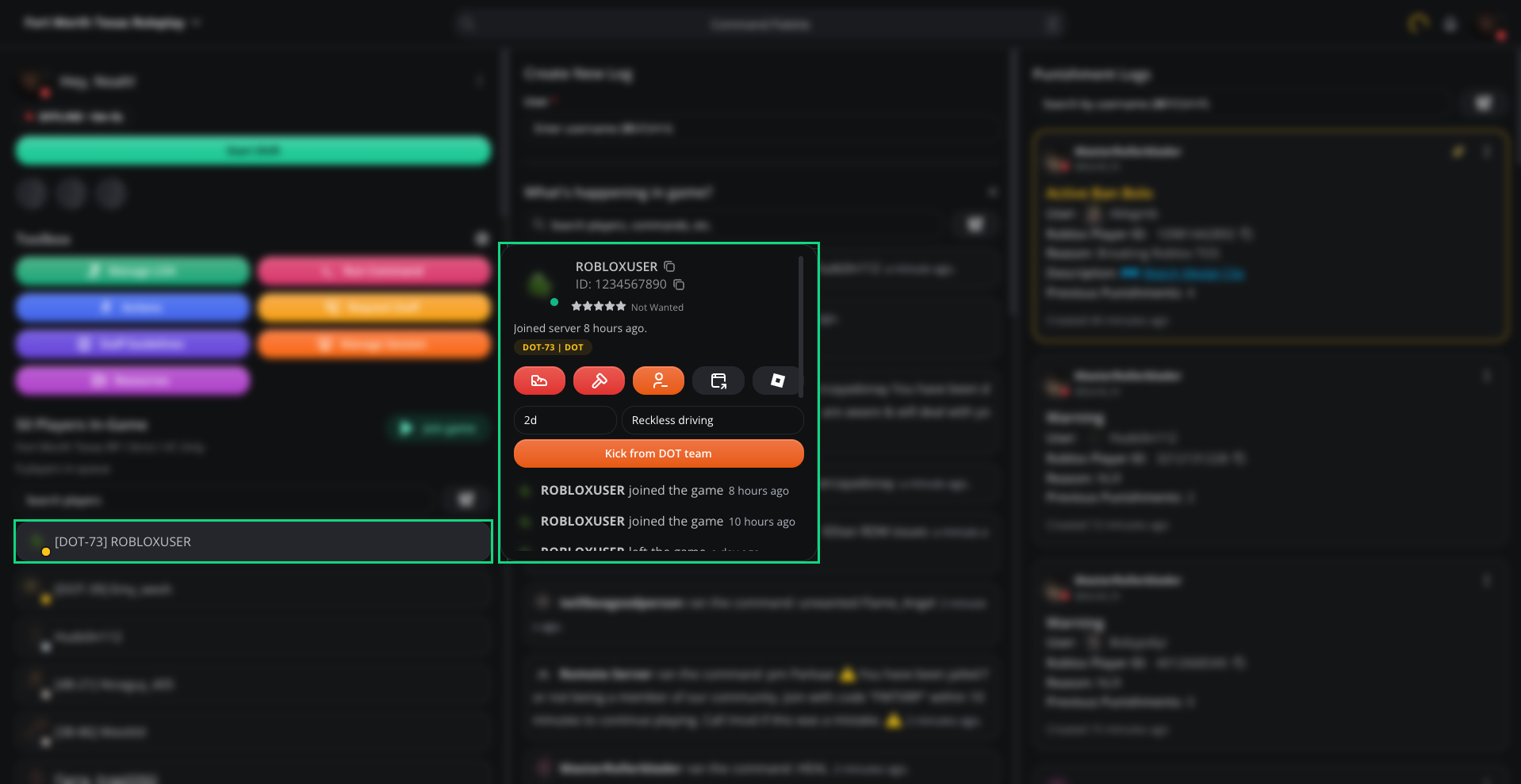 The team kick form with a duration of 2d, a reason and the Kick from DOT team button