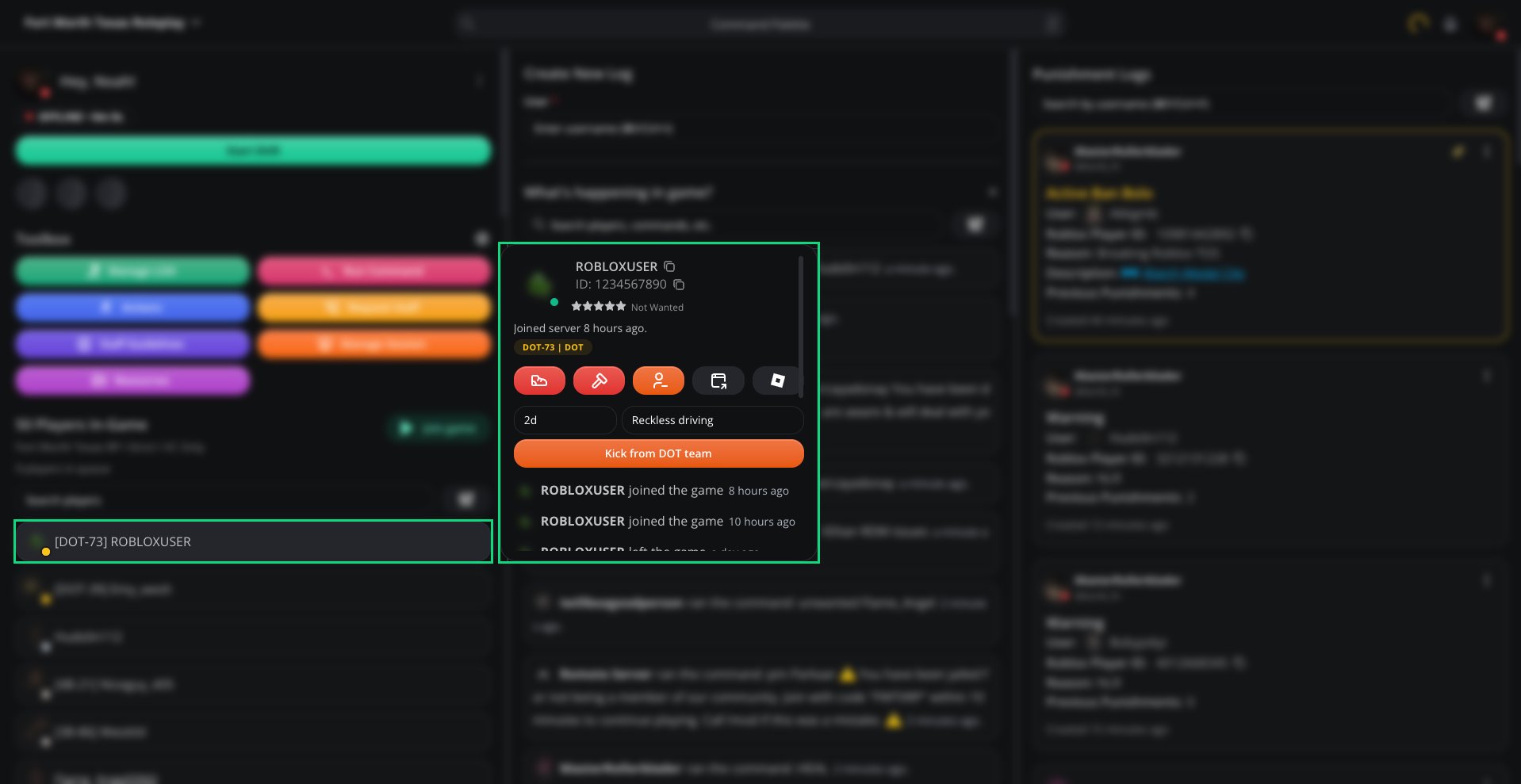 The team kick form with a duration of 2d, a reason and the Kick from DOT team button