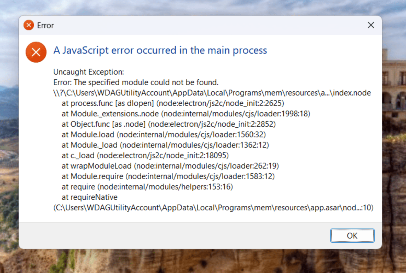 Example of the Windows startup error dialog