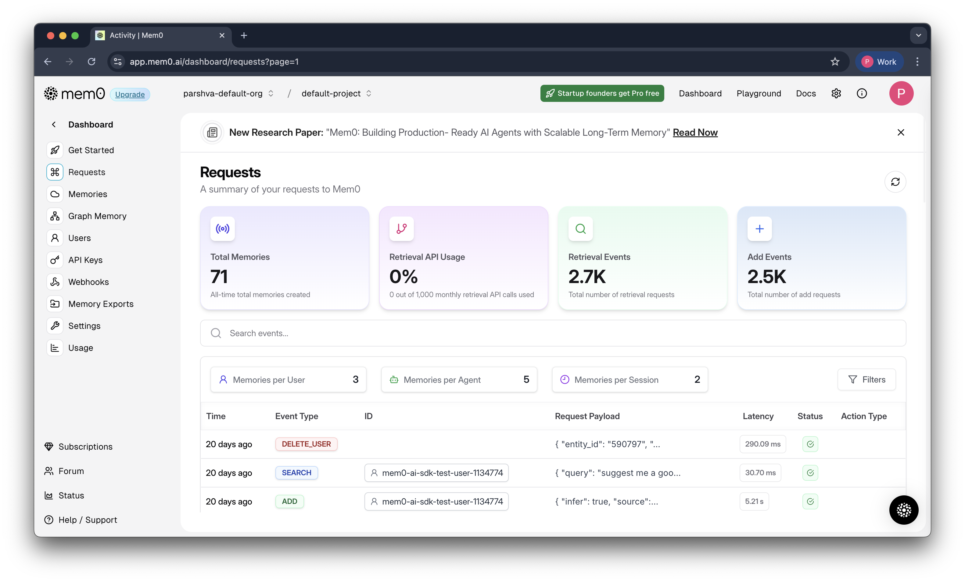 Mem0 Platform Activity