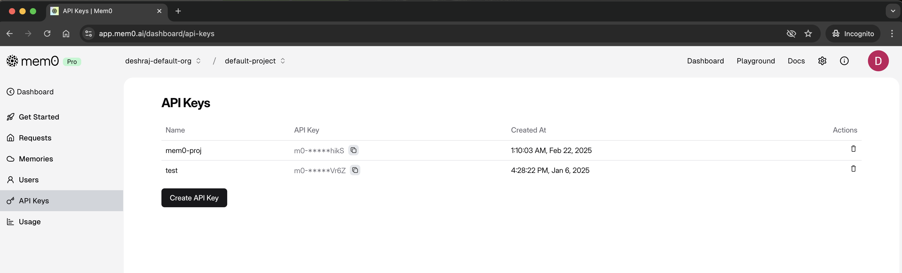 Get API Key from Mem0 Platform