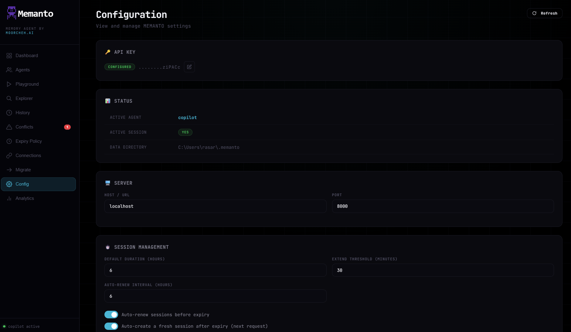 Memanto configuration page top section