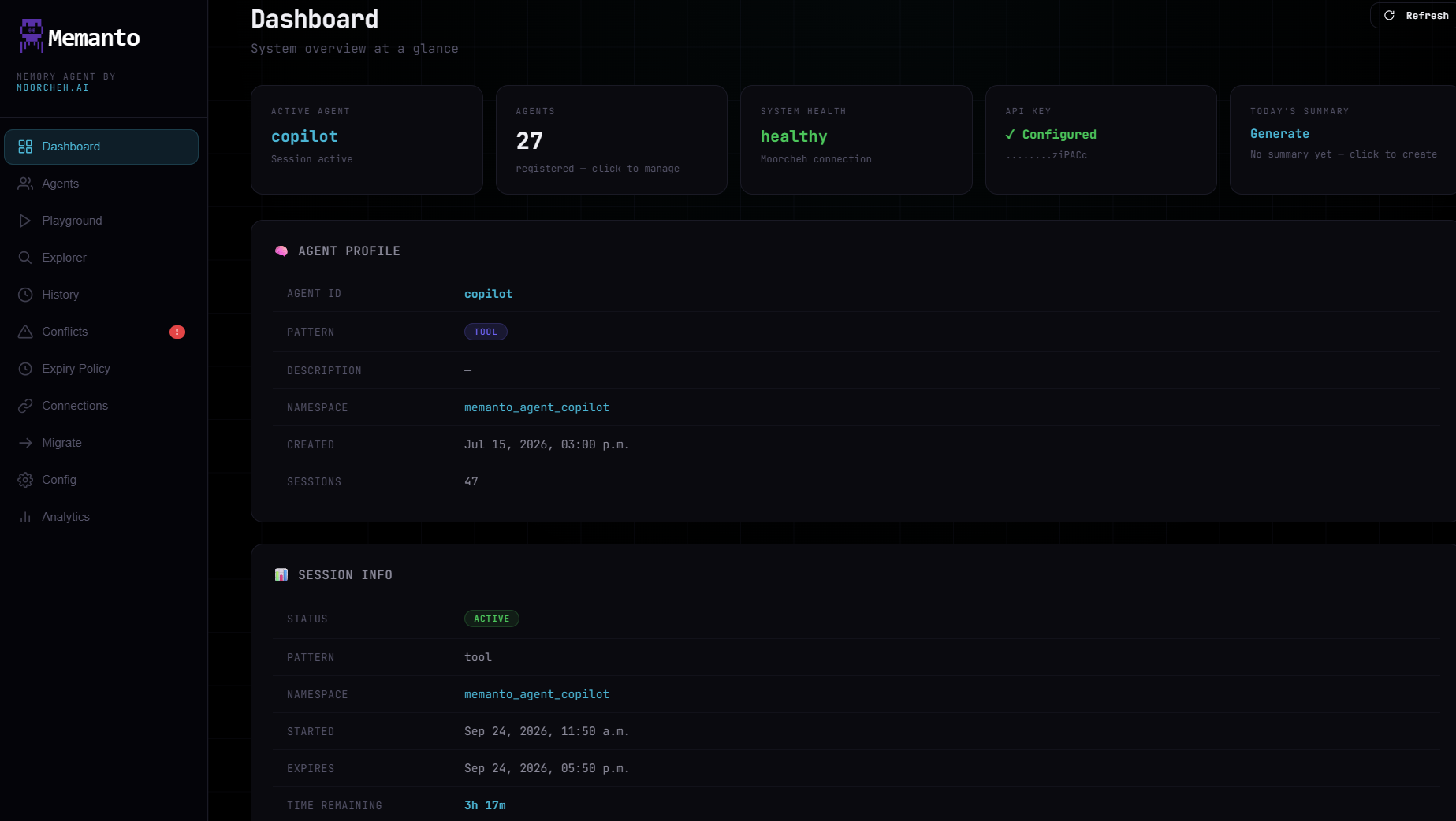 Memanto dashboard first page