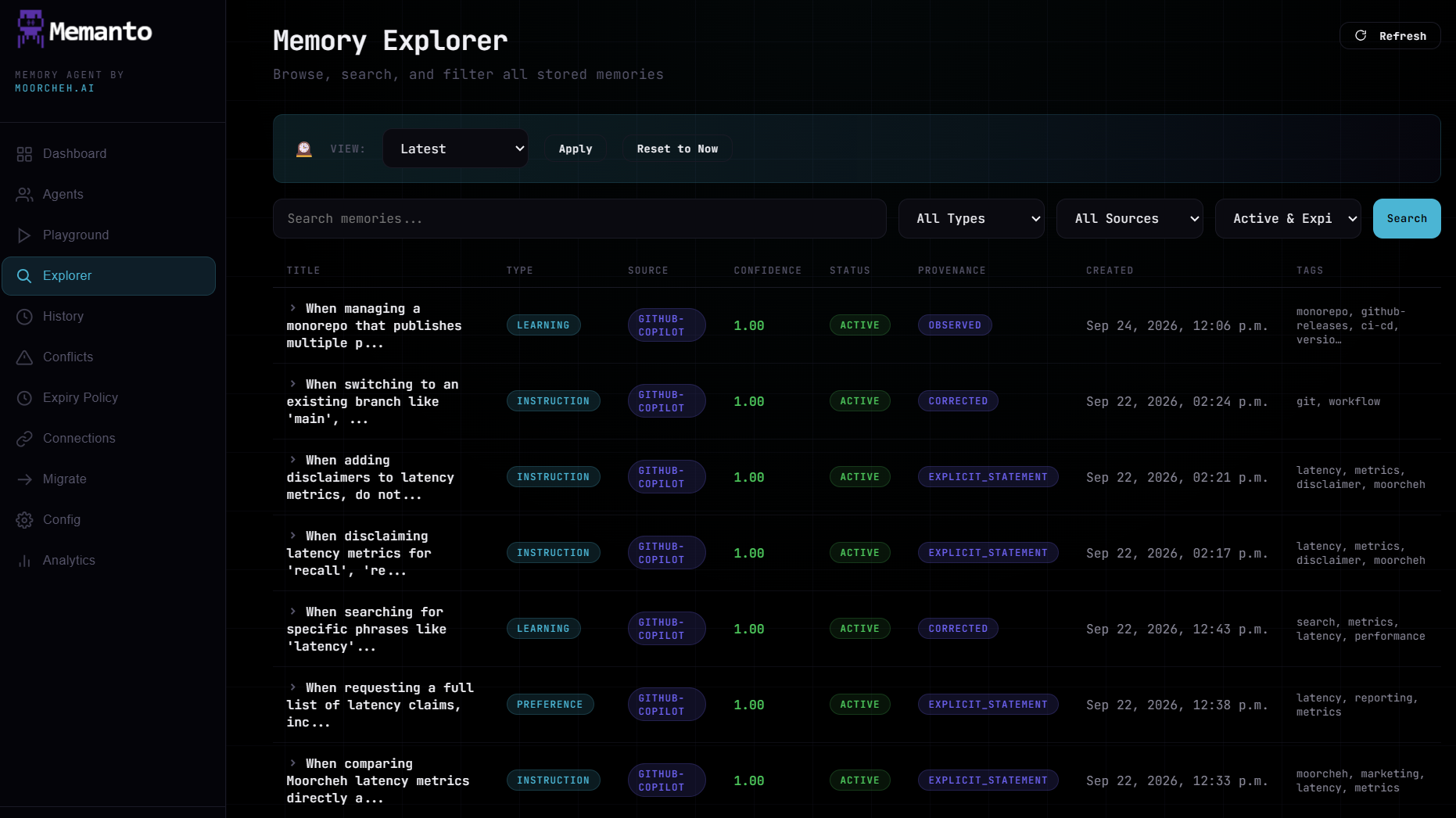 Memanto memory explorer page