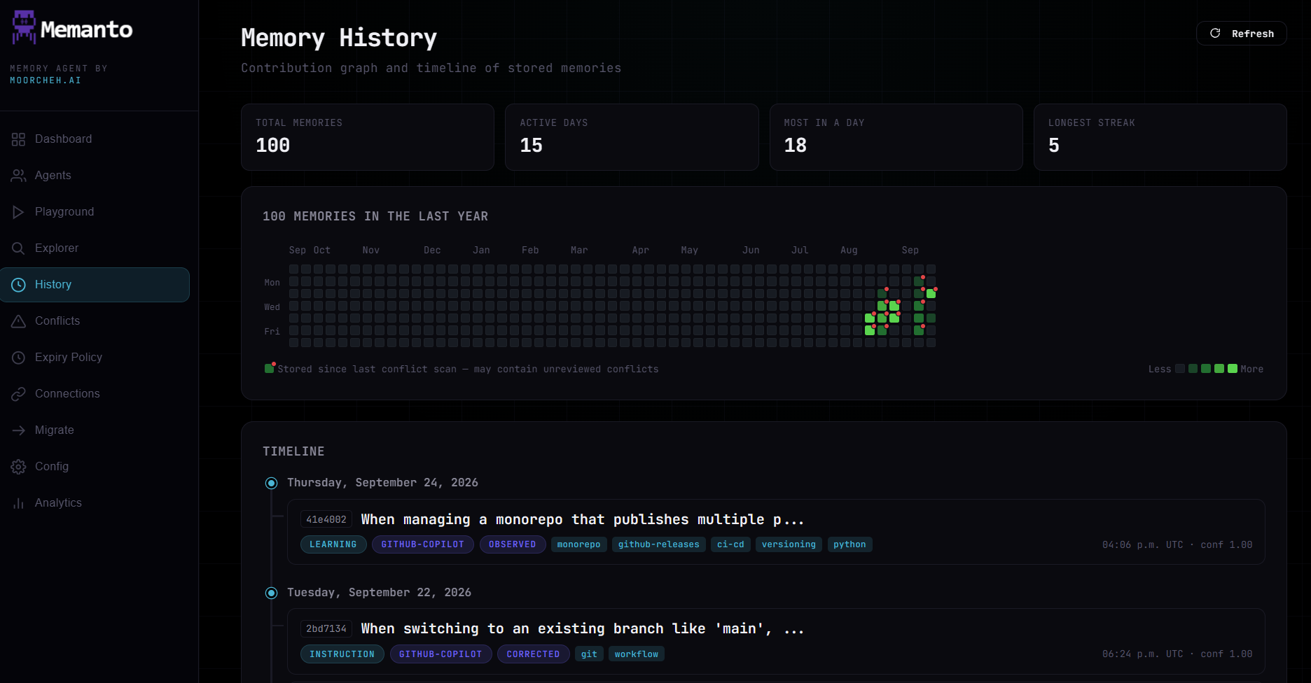 Memanto memory history page