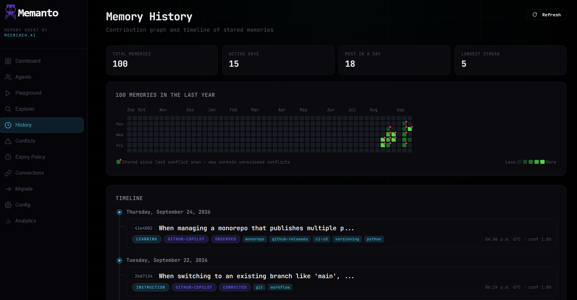 Memanto memory history page