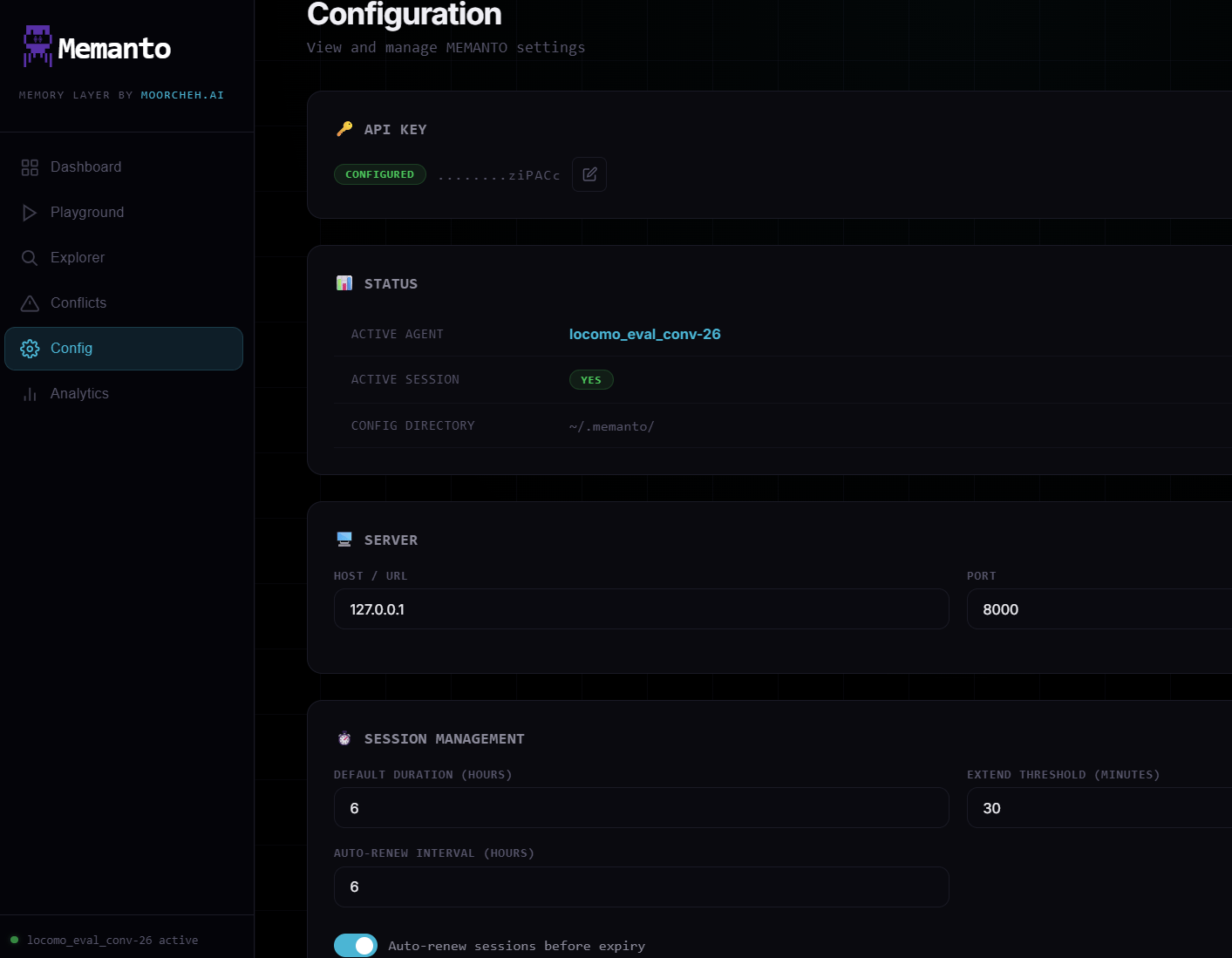 Memanto configuration page top section