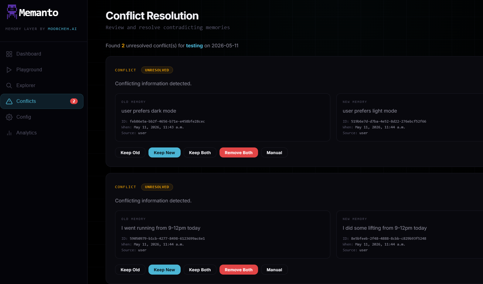 Memanto conflict resolution page