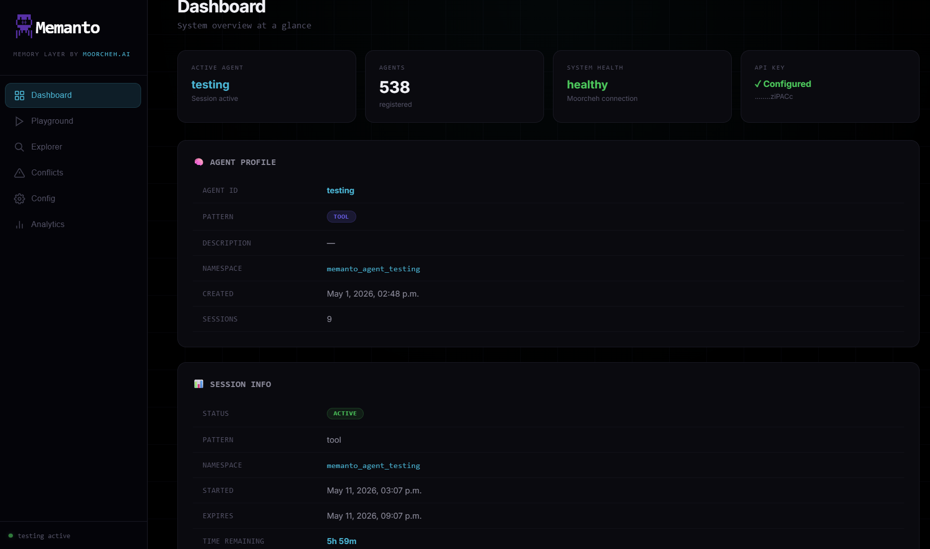 Memanto dashboard first page