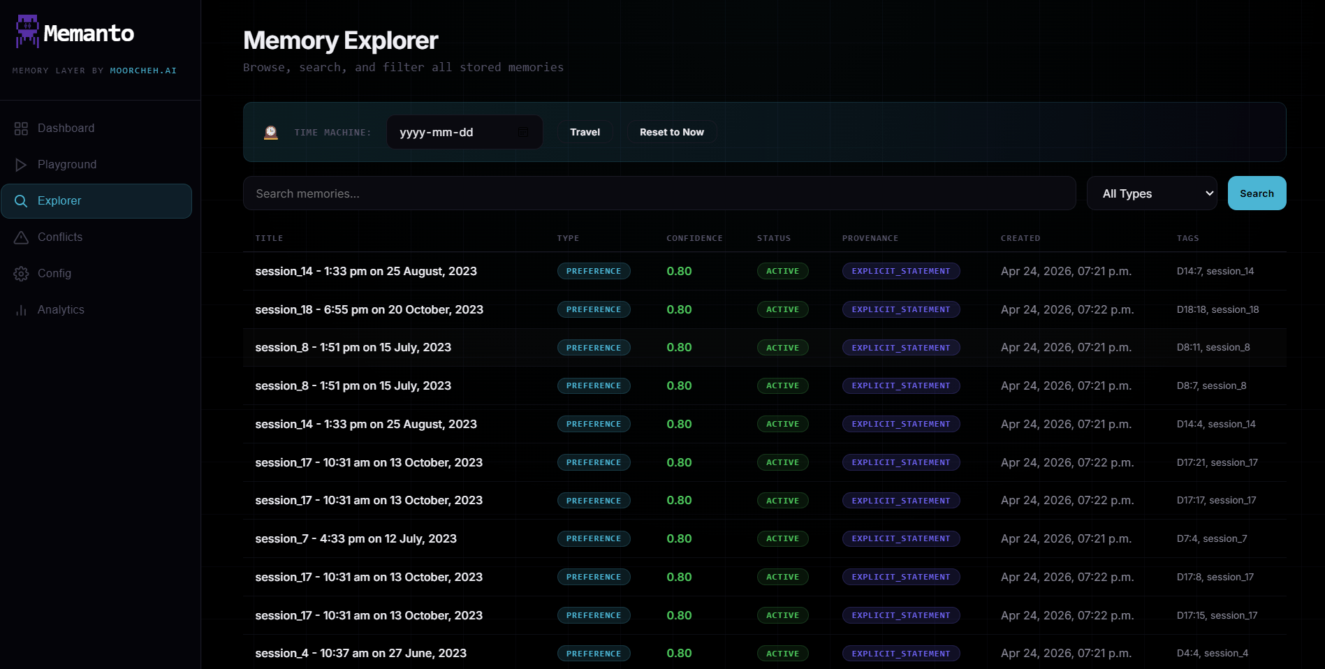 Memanto memory explorer page