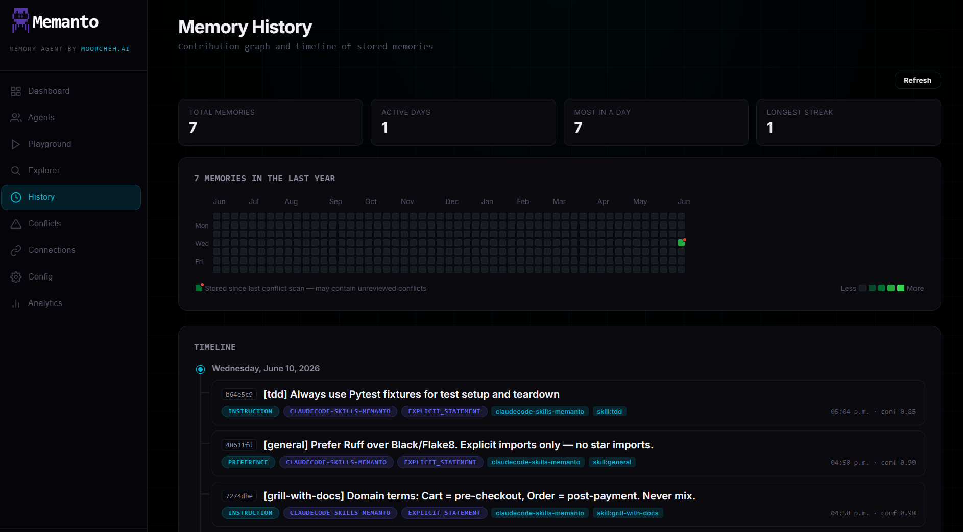 Memanto memory history page