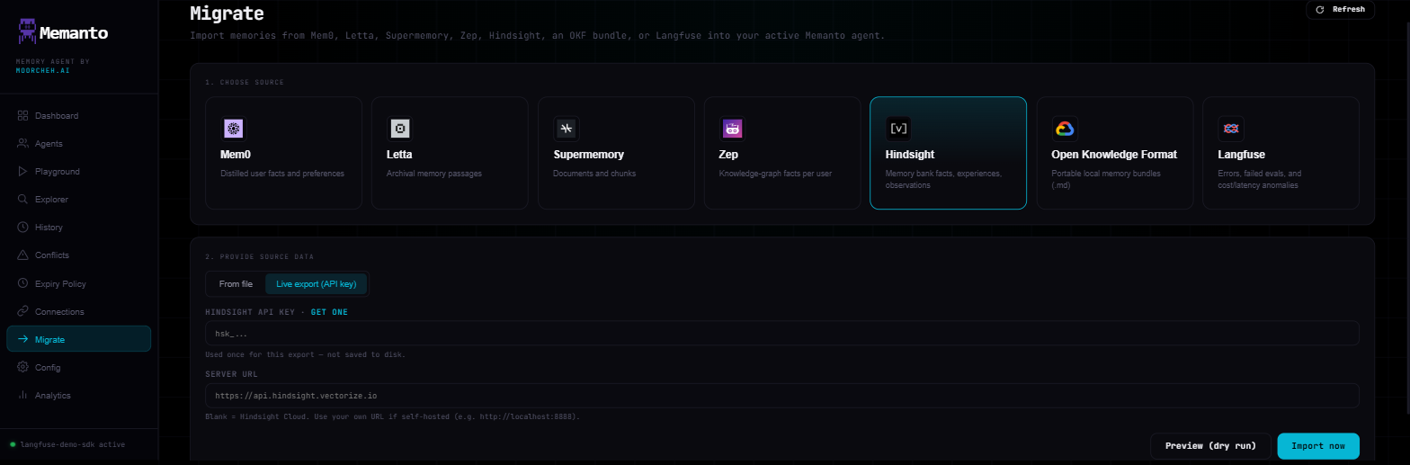 Memanto migrate page with the Hindsight source selected