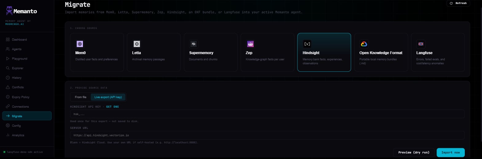 Memanto migrate page with the Hindsight source selected