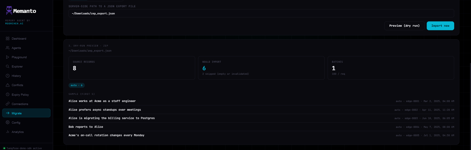 Memanto migrate dry-run preview for a Zep export