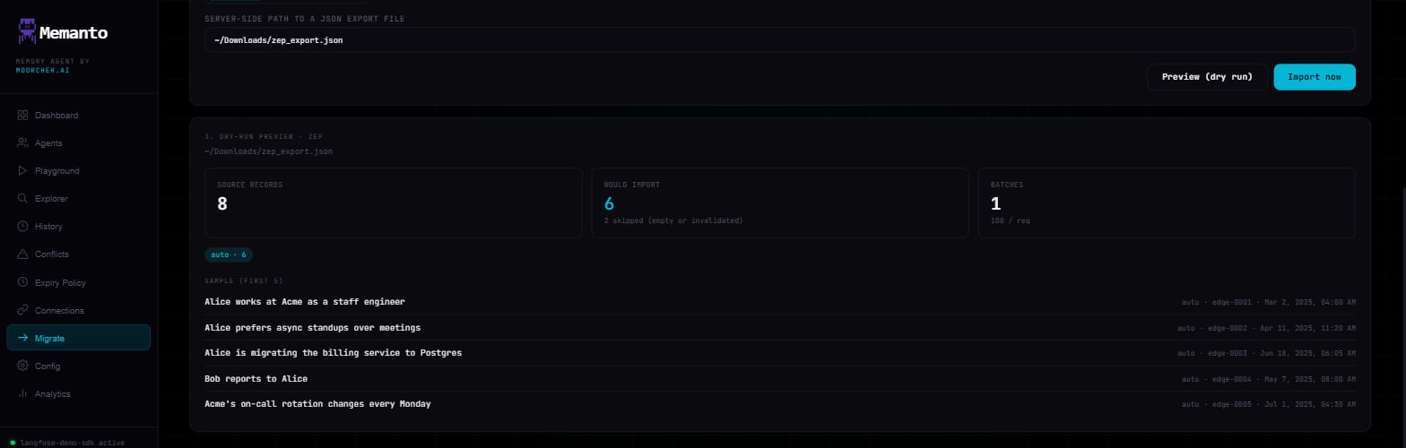 Memanto migrate dry-run preview for a Zep export