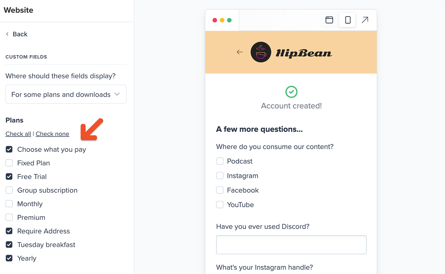Custom fields on select Plans and Downloads