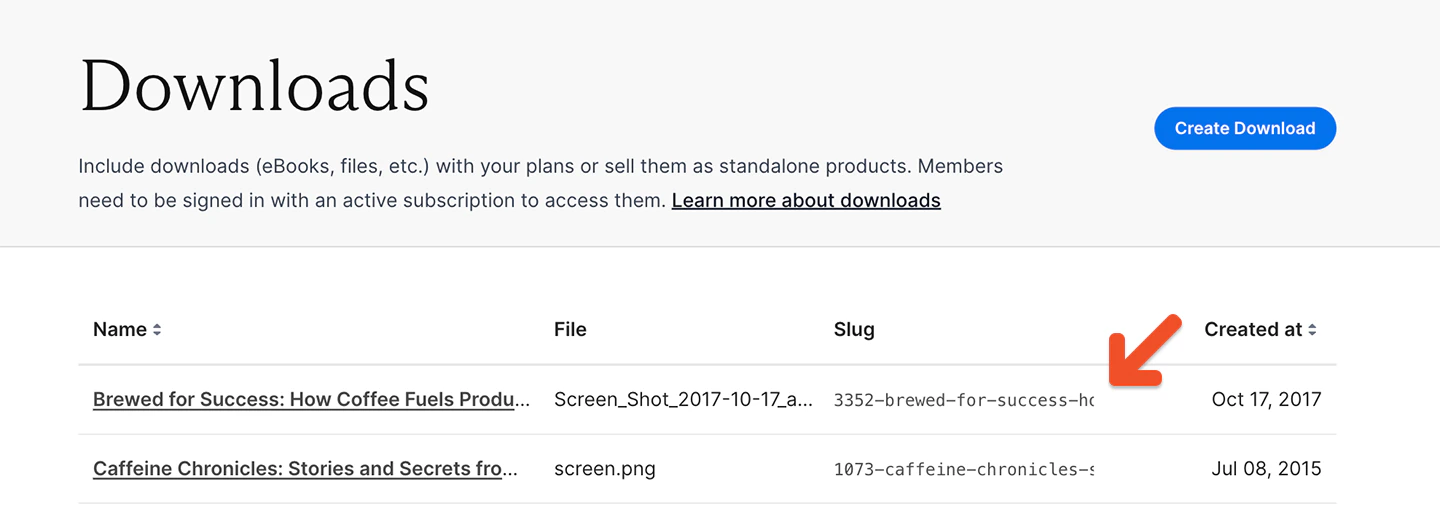 Finding a download's slug in the downloads list