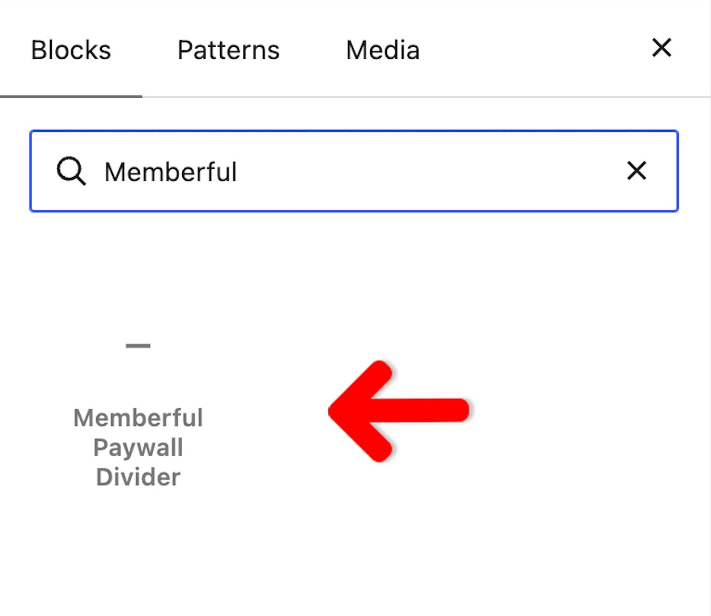 Memberful Paywall Divider block in the WordPress Block Inserter