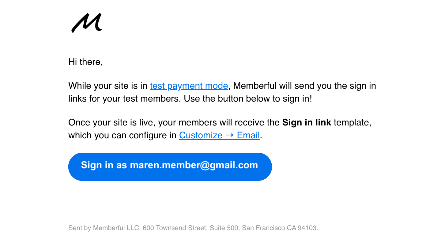 Test mode sign-in email