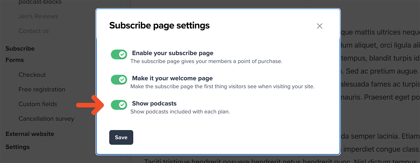 Show podcasts toggle
