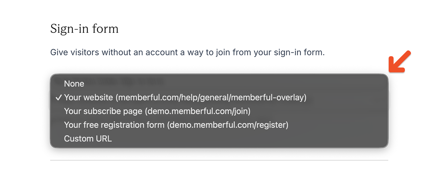 Available destinations for the sign-up link