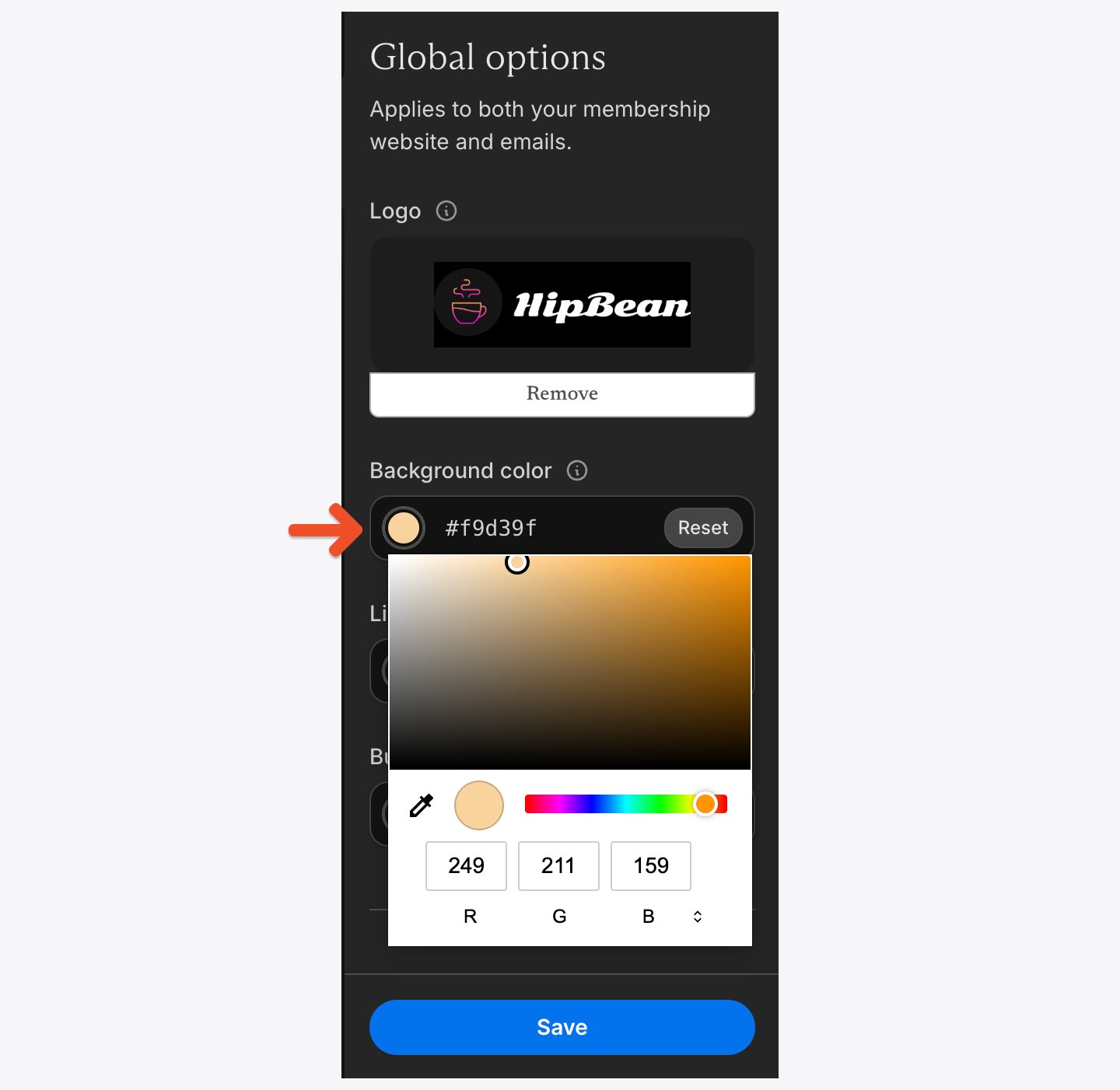 Choose a branding color using the browser color picker