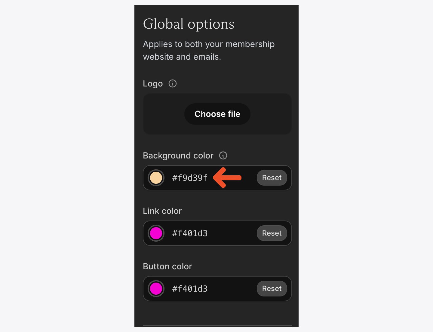 Enter a hex color value in the Branding settings