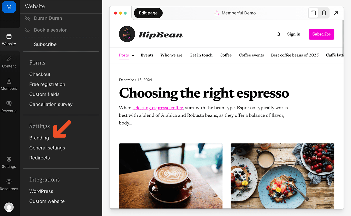 Open the Branding settings in the Memberful dashboard
