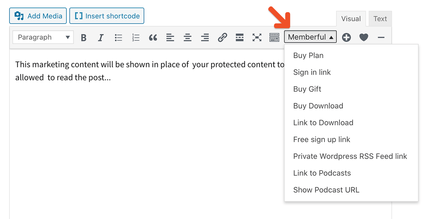 Memberful shortcode button in the WordPress editor