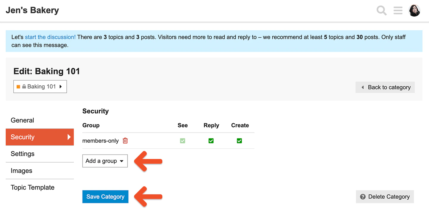 Adding a members group to a Discourse category