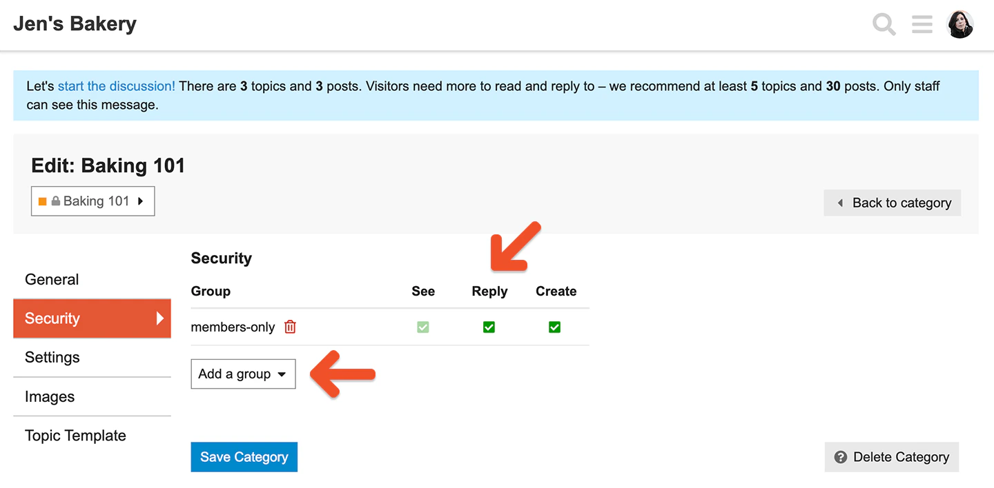 Saving category security settings in Discourse