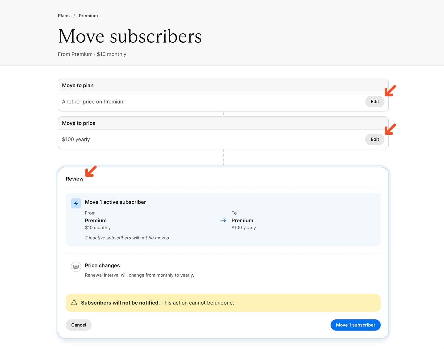 Move subscribers confirmation screen