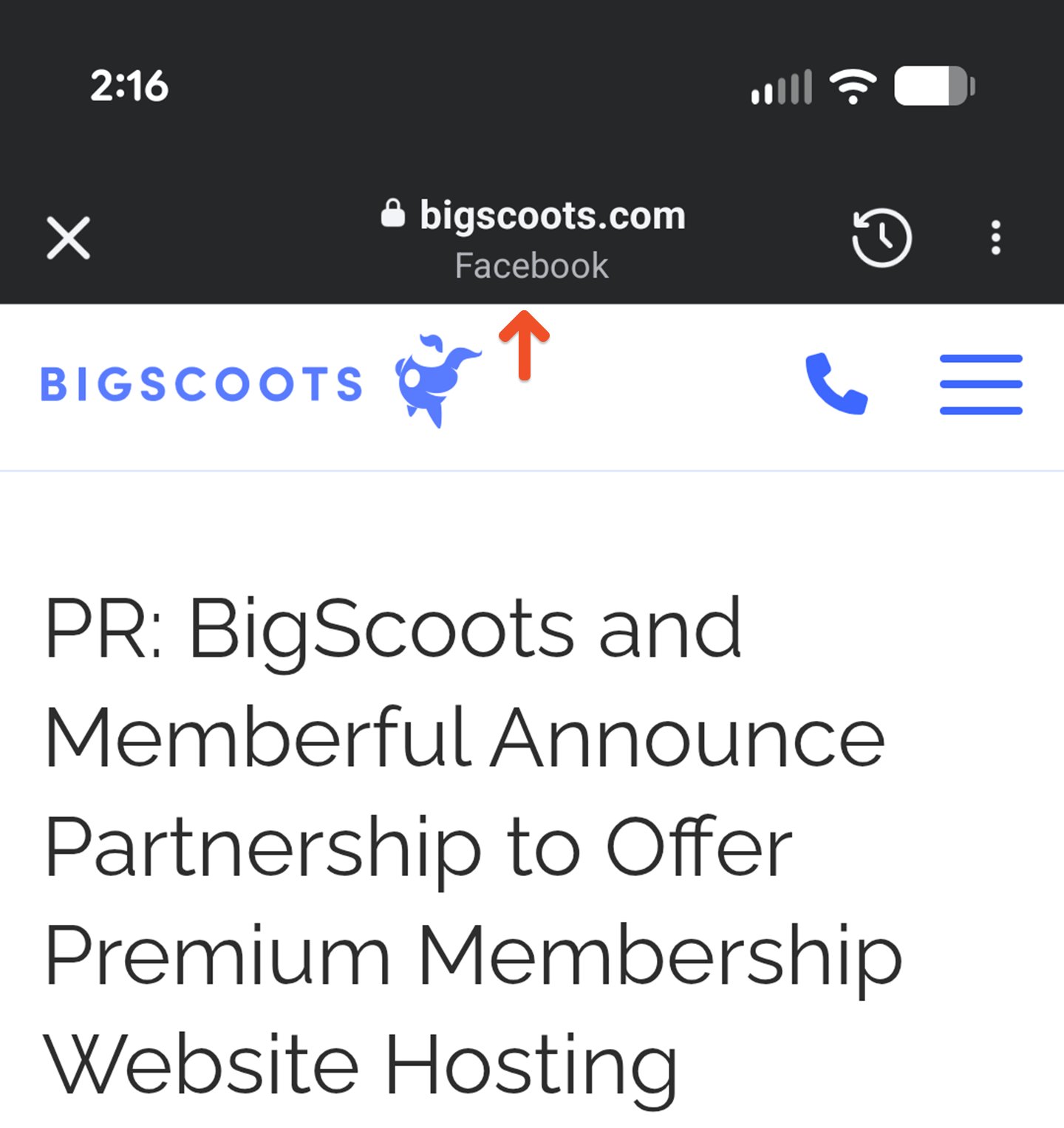 The Facebook in-app browser, with the app name shown below the site's URL