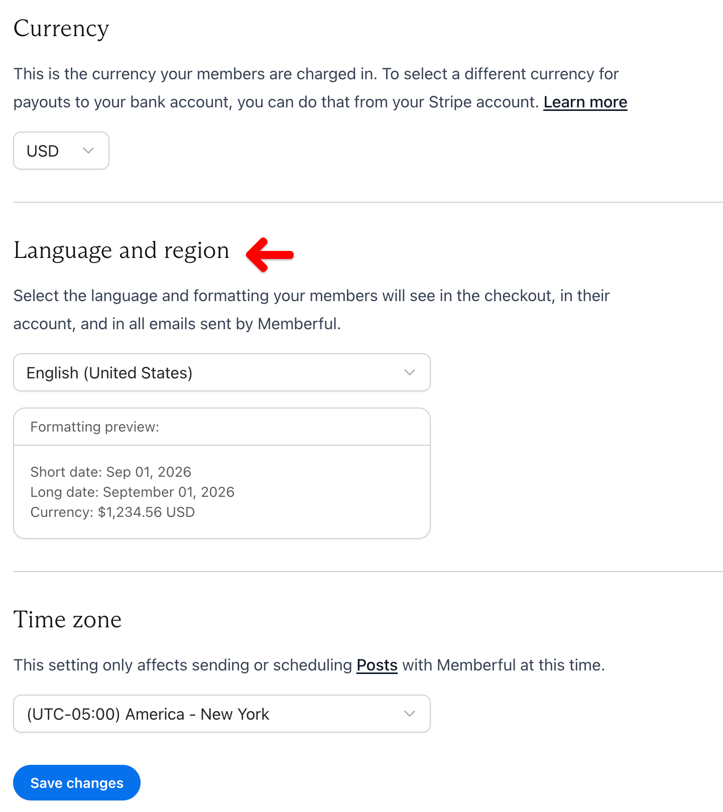 Language selection in the Memberful dashboard