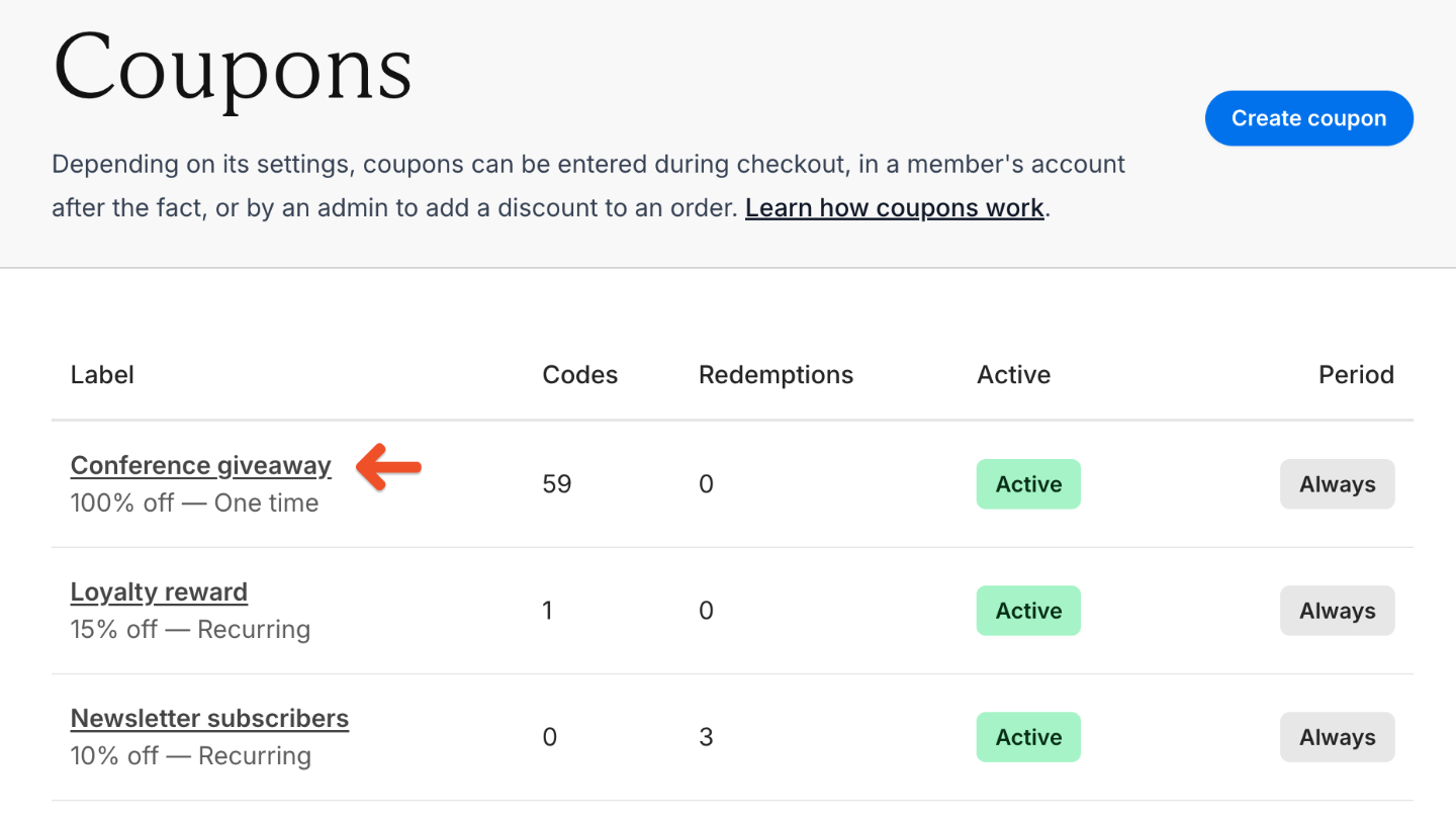 Open a coupon by clicking its label