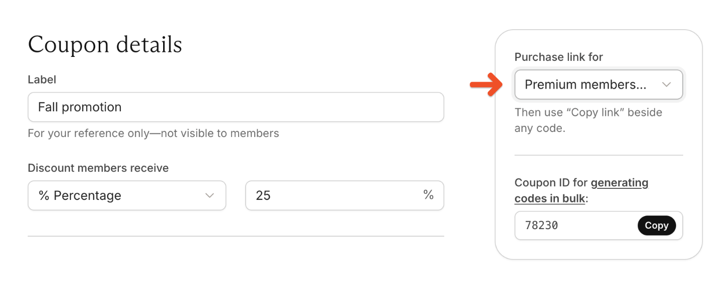 Copy a purchase link with a coupon code applied