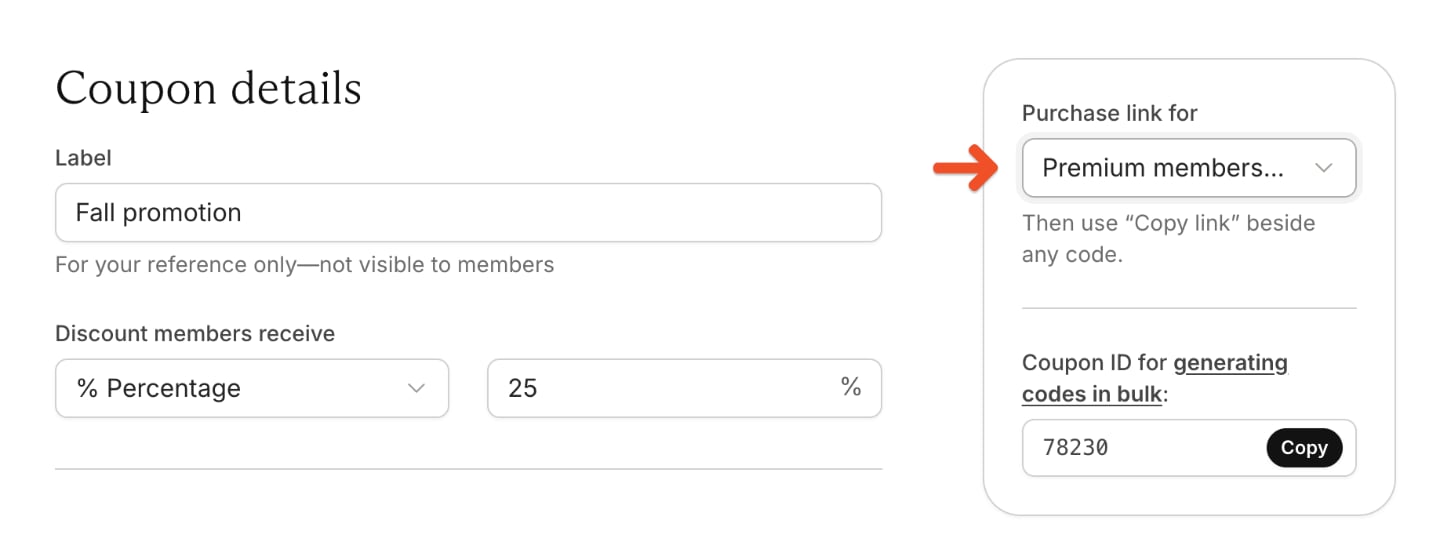 Copy a purchase link with a coupon code applied