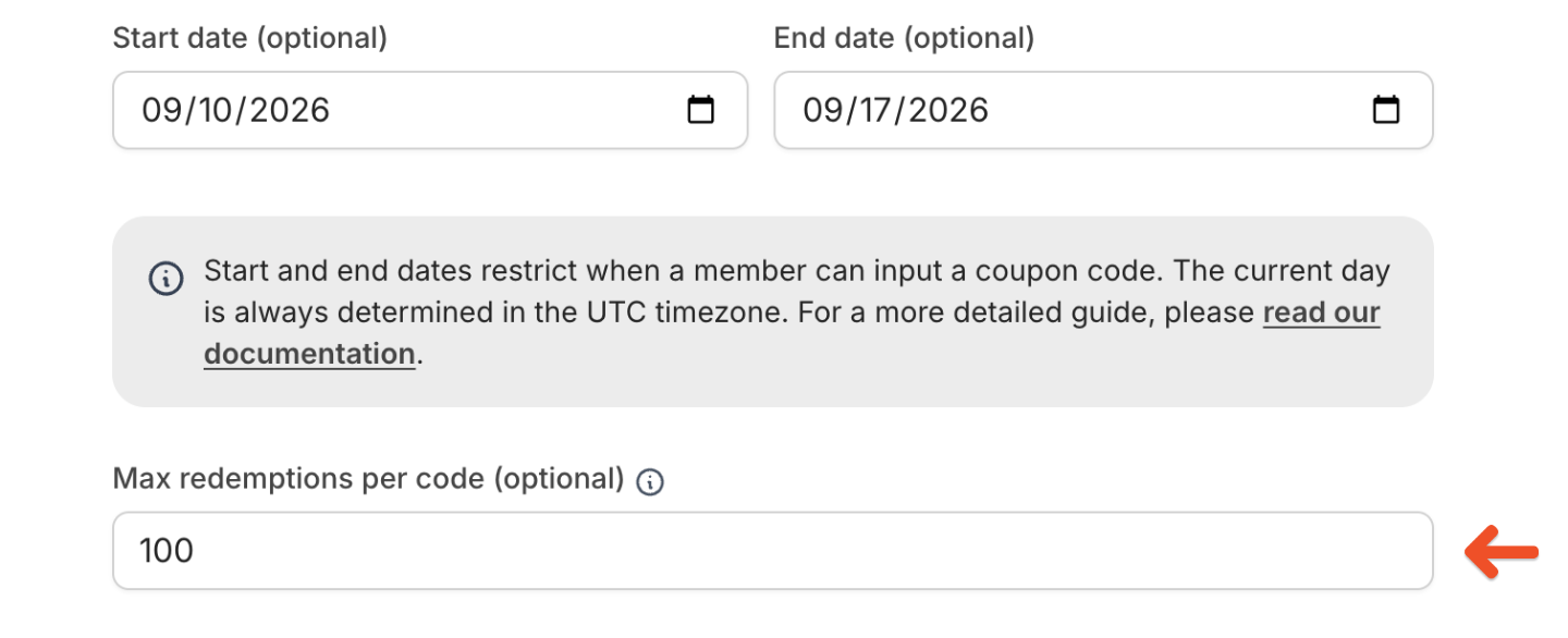 Maximum redemptions setting