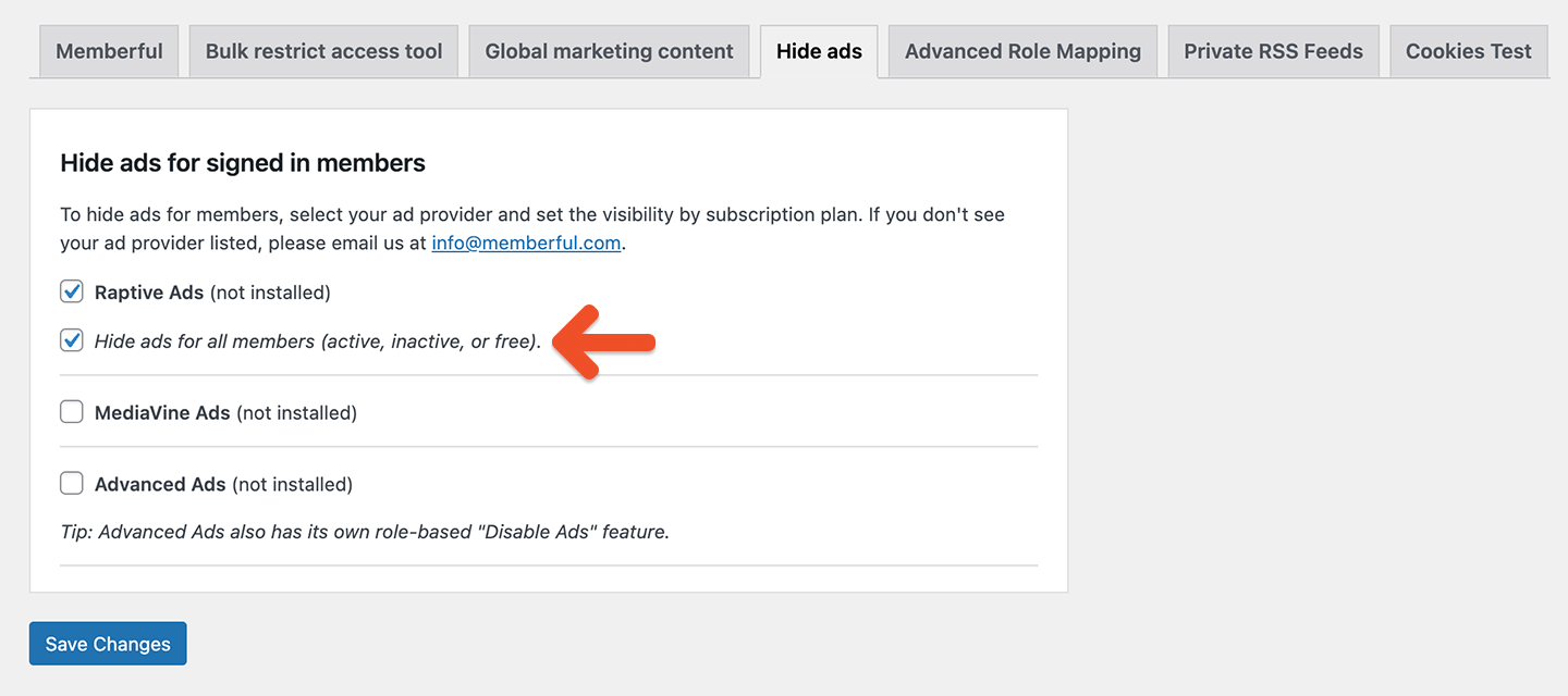 Memberful hide ads for all members
