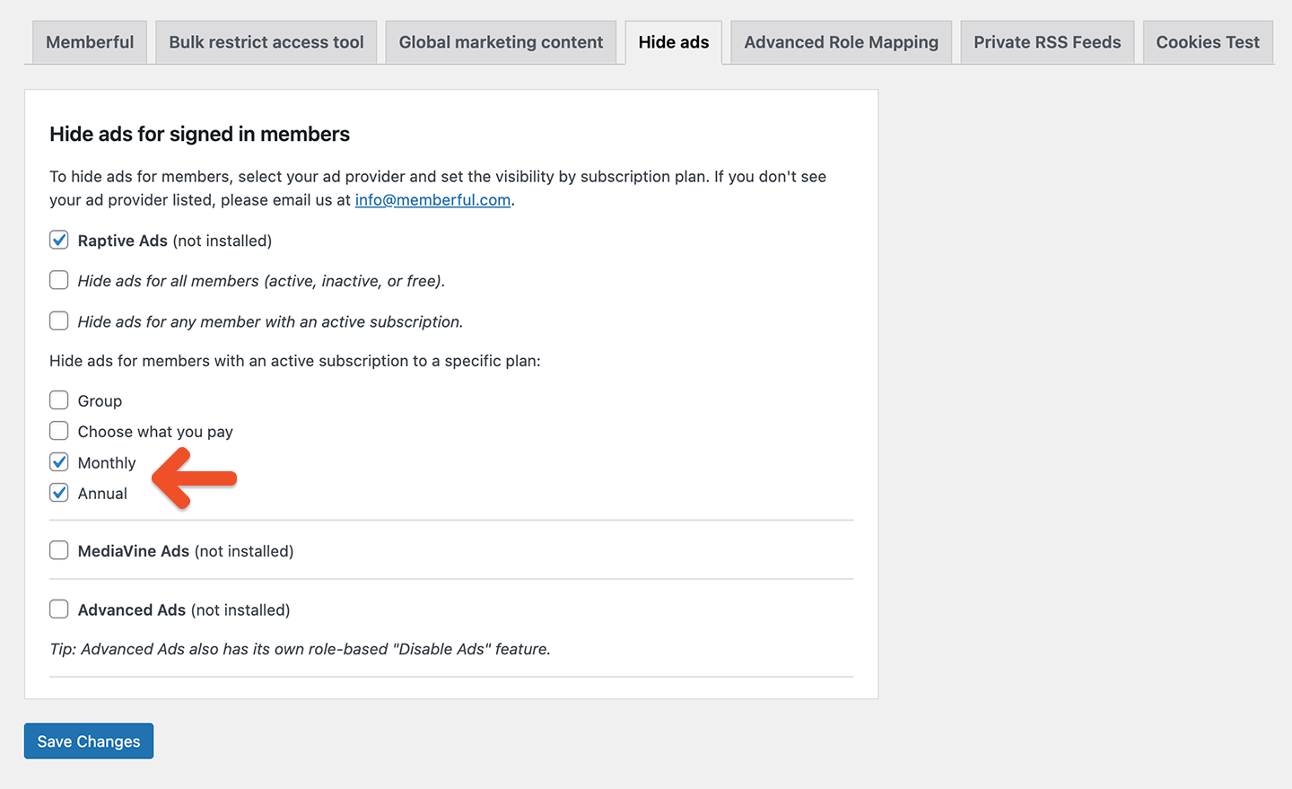 Hide ads for specific plans