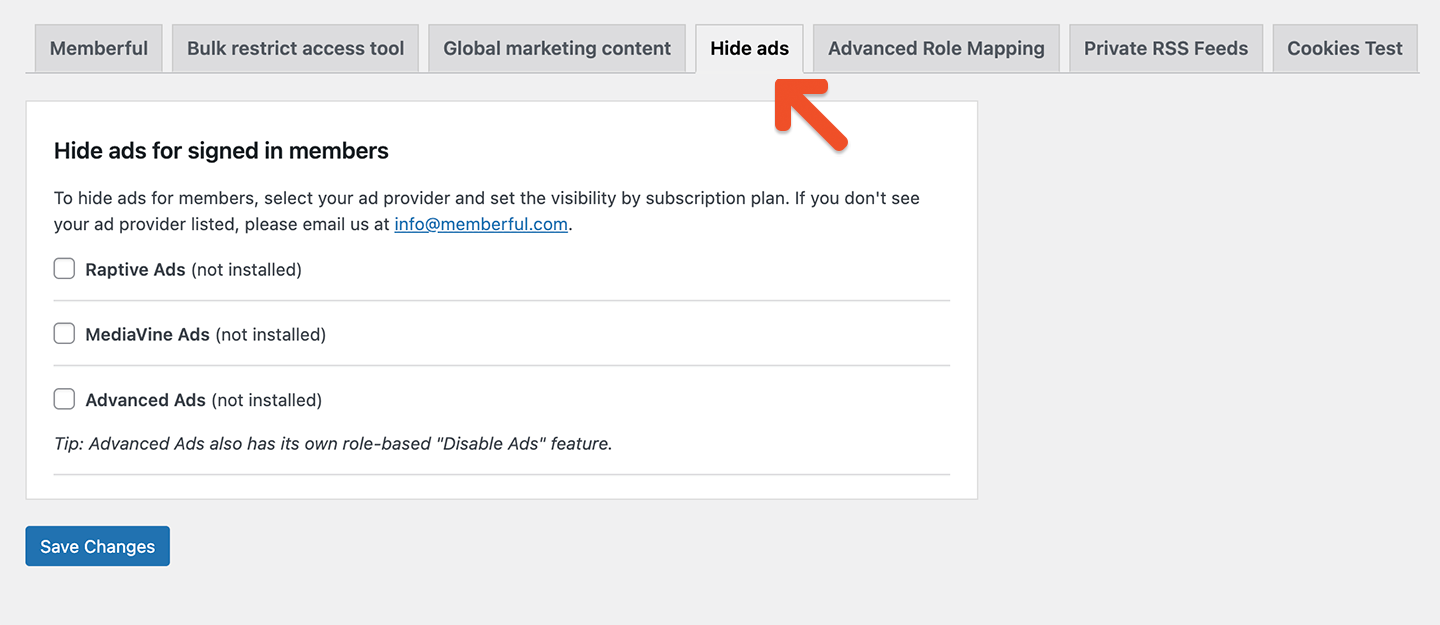 Hide ads in WordPress settings