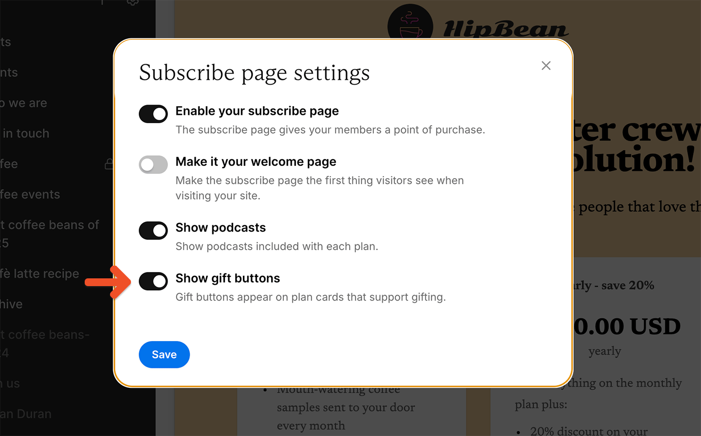Enable gift buttons on the subscription page