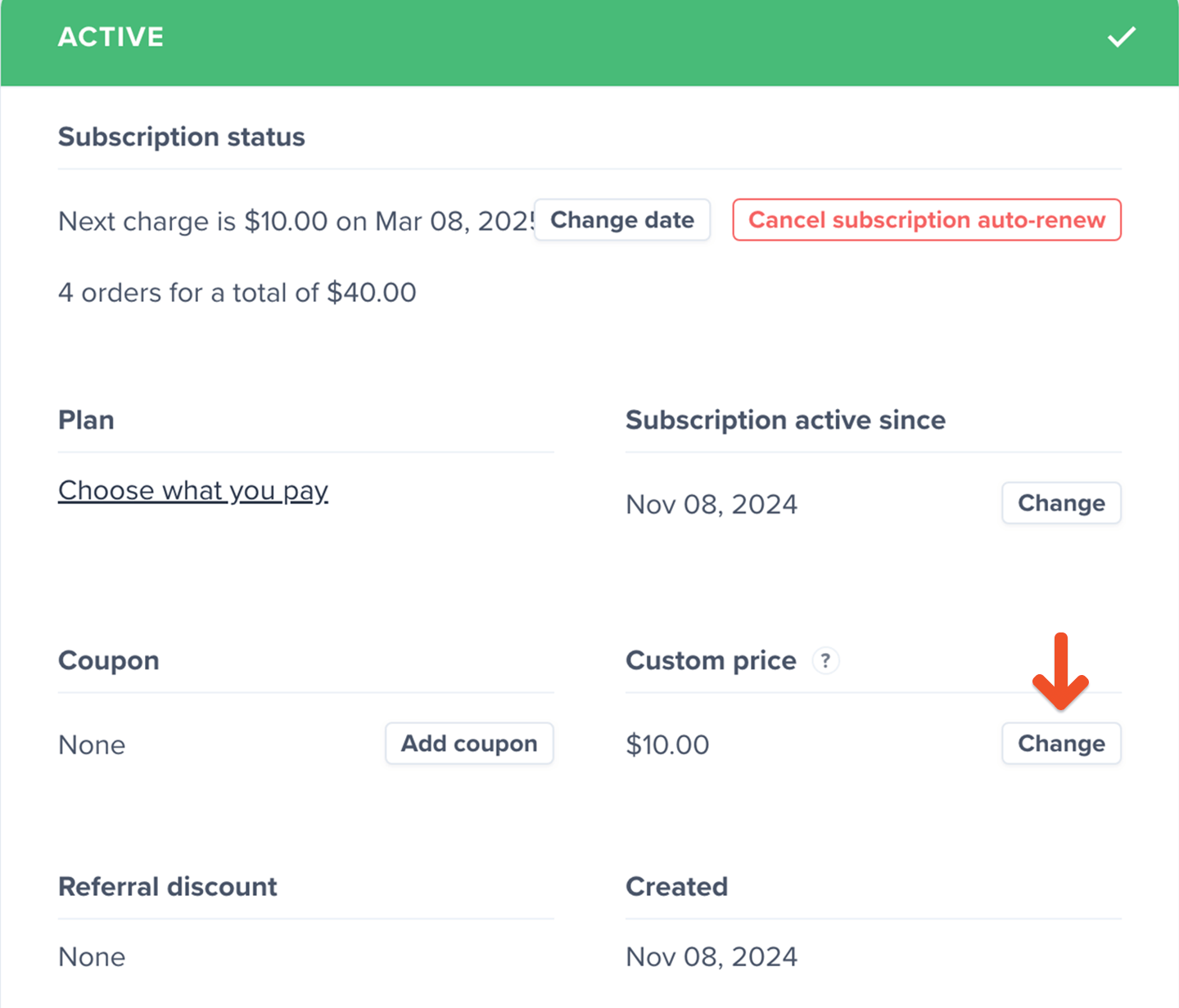 Editing a member's custom price