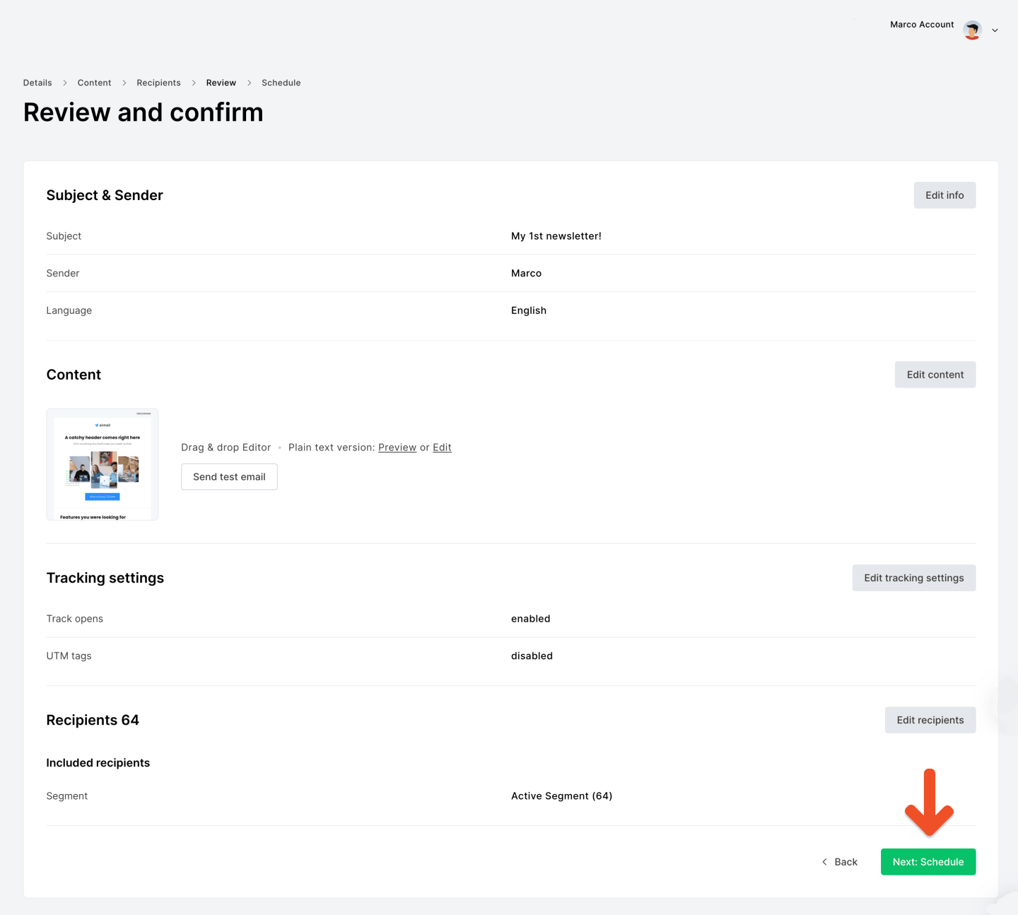 Review stage for a new campaign on MailerLite.com
