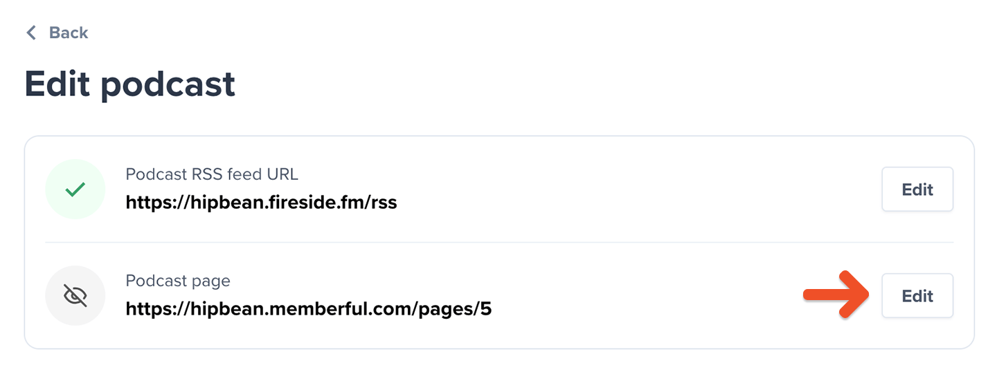 Podcast page in podcast settings section