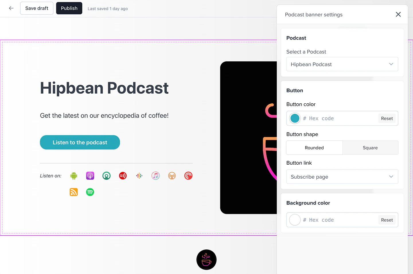 Podcast banner block settings