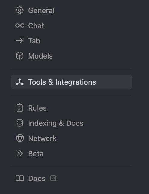 Cursor settings interface showing configuration options